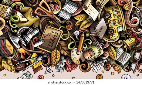 Cartoon cute colorful vector hand drawn doodles School background. Education banner design.