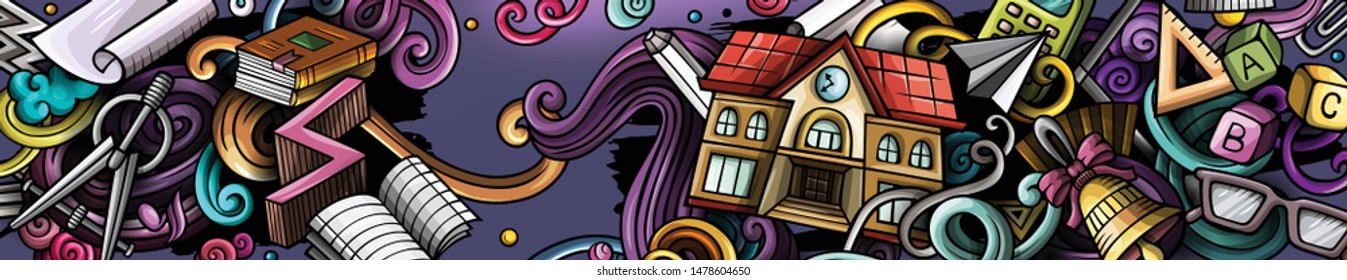 Cartoon cute colorful vector hand drawn doodles School background. Education banner design.