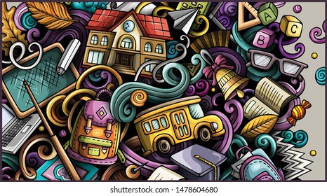 Cartoon cute colorful vector hand drawn doodles School background. Education banner design.