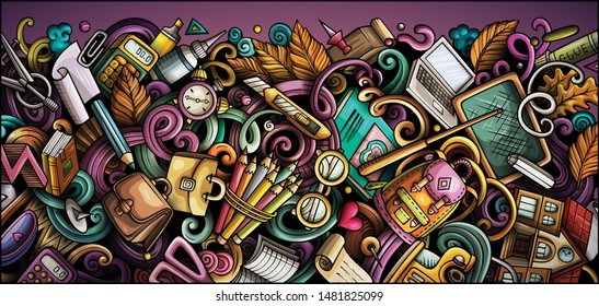 Cartoon cute colorful vector hand drawn doodles School background. Education banner design.