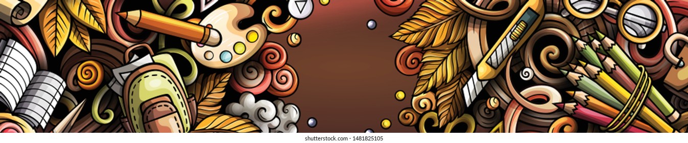 Cartoon cute colorful vector hand drawn doodles School background. Education banner design.