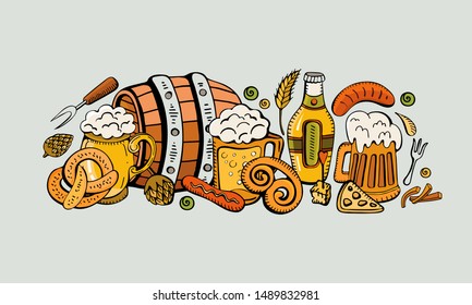 Cartoon cute colorful vector hand drawn Doodle beer fest corporate identity. Sausage, beer, barrel, pretzel, hops, sausage. A lot of subjects on the subject of beer. horizontal design banners 