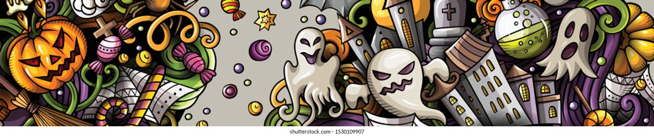 Cartoon cute colorful vector hand drawn doodles Halloween background. Horizontal banner design. All objects separate