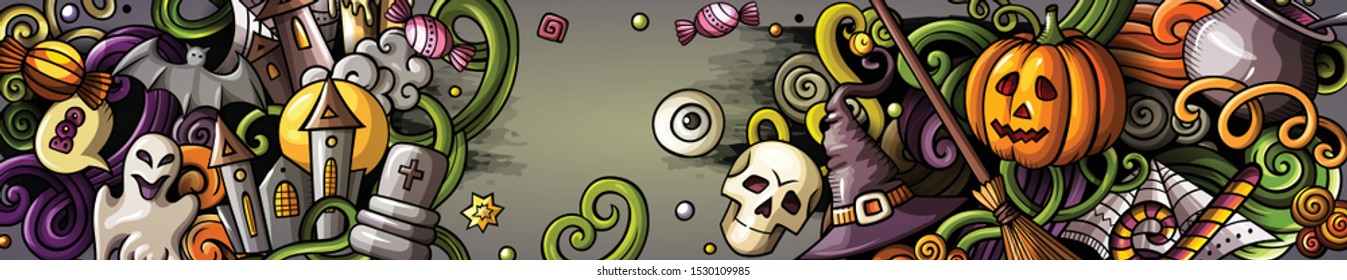 Cartoon cute colorful vector hand drawn doodles Halloween background. Horizontal banner design. All objects separate