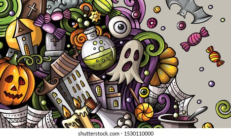 Cartoon cute colorful vector hand drawn doodles Halloween background. Horizontal banner design. All objects separate