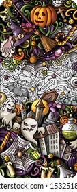 Cartoon cute colorful vector hand drawn doodles Halloween background. Vertical banner design. All objects separate
