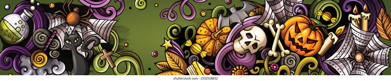 Cartoon cute colorful vector hand drawn doodles Halloween background. Horizontal banner design. All objects separate