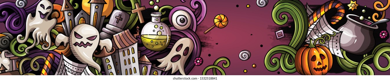 Cartoon cute colorful vector hand drawn doodles Halloween background. Horizontal banner design. All objects separate