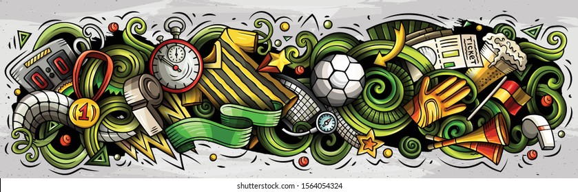 Cartoon cute colorful vector hand drawn doodles Football composition. horizontal banner design. All objects separate