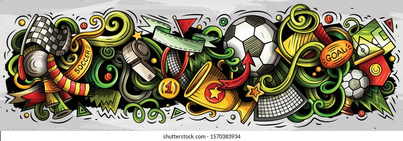 Cartoon cute colorful vector hand drawn doodles Football composition. horizontal banner design. All objects separate