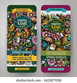 Cartoon cute colorful vector hand drawn doodles Spring season corporate identity. 2 banners design. Templates set.