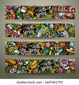 Cartoon cute colorful vector hand drawn doodles Spring season corporate identity. 4 banners design. Templates set.