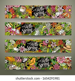 Cartoon cute colorful vector hand drawn doodles Spring season corporate identity. 4 banners design. Templates set.