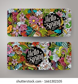 Cartoon cute colorful vector hand drawn doodles Spring season corporate identity. 2 banners design. Templates set.