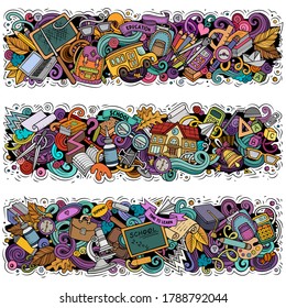 Cartoon cute colorful vector hand drawn doodles School compositions. 3 horizontal banners design. Templates set. All objects separate