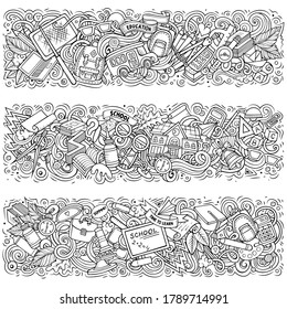 Dessin humoristique joli image vectorielle dessinée à la main Doodles de l'École compositions. 3 bannières horizontales. Jeu de modèles. Tous les objets séparés