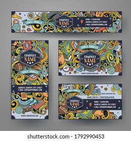 Cartoon cute colorful vector hand drawn doodles traveling corporate identity set. Templates design of banners, id cards, flyer
