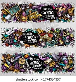 Cartoon cute colorful vector hand drawn doodles School compositions. 3 horizontal banners design. Templates set. All objects separate