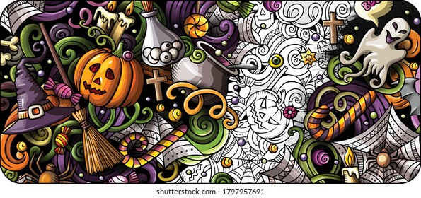 Cartoon cute colorful vector hand drawn doodles Halloween background. Horizontal banner design. All objects separate