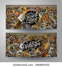 Cartoon cute colorful vector hand drawn doodles Classic music corporate identity. 2 horizontal banners design. Templates set. All objects are separate