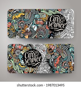 Cartoon cute colorful vector hand drawn doodles automotive corporate identity. 2 horizontal banners design. Templates set. All objects separate
