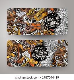 Cartoon cute colorful vector hand drawn doodles Classic music corporate identity. 2 horizontal banners design. Templates set. All objects are separate