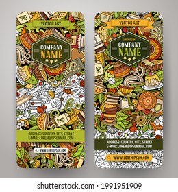 Cartoon cute colorful vector hand drawn doodles Pizzeria corporate identity. 2 vertical banners design. Templates set. All objects separate