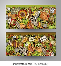 Cartoon cute colorful vector hand drawn doodles Pizzeria corporate identity. 2 horizontal banners design. Templates set. All objects separate