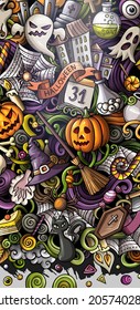 Cartoon cute colorful vector hand drawn doodles Halloween background. Horizontal banner design. All objects separate