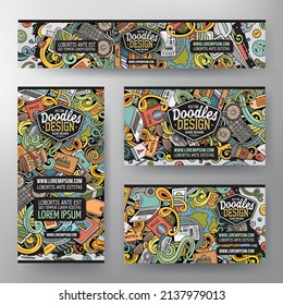 Caricatura adorable y colorido garabatos dibujados a mano viajando conjunto de identidad corporativa. Diseño de plantillas de banners, tarjetas de identificación, volante