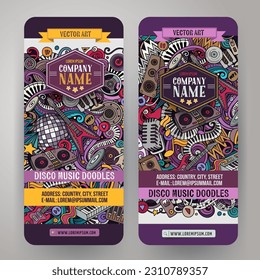 Cartoon cute colorful vector hand drawn doodles Disco music corporate identity. 2 vertical banners design. Templates set. All objects are separate