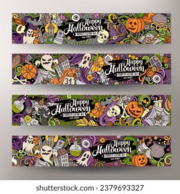 Cartoon cute colorful vector hand drawn doodles Halloween corporate identity. 4 horizontal banners design. Templates set. All objects separate. NOT AI