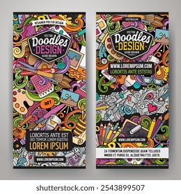 Cartoon cute colorful vector hand drawn doodles Artist corporate identity. 2 vertical banners design. Templates set