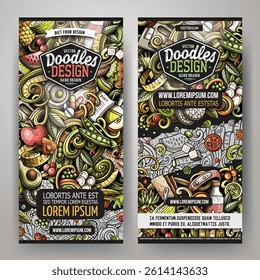 Cartoon cute colorful vector hand drawn doodles Diet food corporate identity. 2 vertical banners design. Templates set. All objects are separate