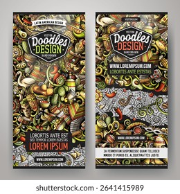 Cartoon cute colorful vector hand drawn doodles Latin America corporate identity. 2 vertical banners design. Templates set. All objects separate. Not AI