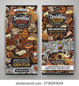 Cartoon niedlich bunt Vektor handgezeichnete Doodles Kaffee Corporate Identity. 2 vertikale Banner Design. Vorlagensatz. Alle Objekte sind getrennt. Handgezeichnet, nicht KI