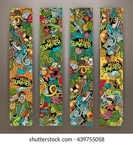Cartoon cute colorful vector hand drawn doodles summer time corporate identity. 4 vertical banners design. Templates set