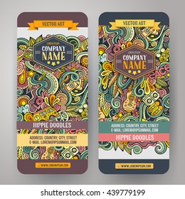 Cartoon cute colorful vector hand drawn doodles hippie corporate identity. 2 vertical banners design. Templates set