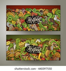 Cartoon cute colorful vector hand drawn doodles fast food corporate identity. 2 horizontal banners design. Templates set