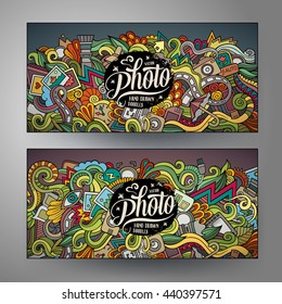 Cartoon cute colorful vector hand drawn doodles photo corporate identity. 2 horizontal banners design. Templates set