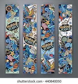 Cartoon cute colorful vector hand drawn doodles marine corporate identity. 4 vertical banners design. Templates set