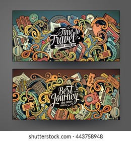 Cartoon cute colorful vector hand drawn doodles travel corporate identity. 4 horizontal journey banners design. Templates set