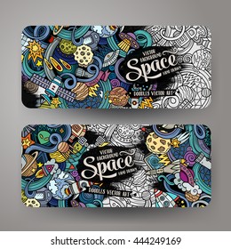Cartoon cute colorful vector hand drawn doodles space corporate identity. 2 horizontal banners design. Templates set
