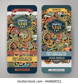 Cartoon cute colorful vector hand drawn doodles travel corporate identity. 2 vertical journey banners design. Templates set