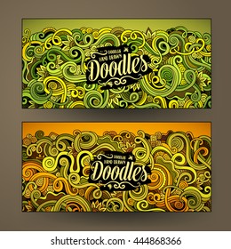 Cartoon cute colorful vector hand drawn doodles curls, swirls corporate identity. 4 horizontal banners design. Templates set