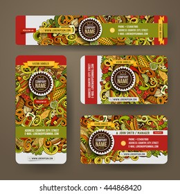 Cartoon cute colorful vector hand drawn doodles mexican food corporate identity set. Templates design of banners, id cards, flyer 