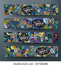 Cartoon cute colorful vector hand drawn doodles space corporate identity. 4 horizontal banners design. Templates set