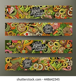 Cartoon cute colorful vector hand drawn doodles Japanese food corporate identity. 4 horizontal banners design. Templates set