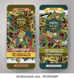 Cartoon cute colorful vector hand drawn doodles school corporate identity. 2 vertical line art banners design. Templates set