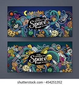 Cartoon cute colorful vector hand drawn doodles space corporate identity. 2 horizontal banners design. Templates set